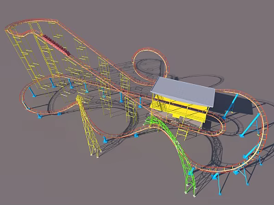 Fun Colorful Roller Coaster Track With Yellow Cabin In Kids Playground 3d model
