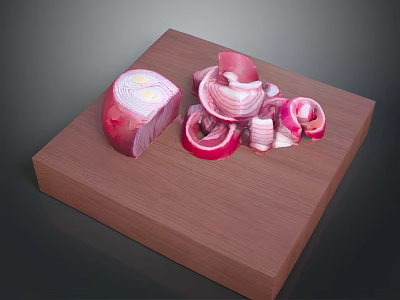 Freshly Sliced Red Onion Pieces Arranged On Wooden Cutting Board 3d model