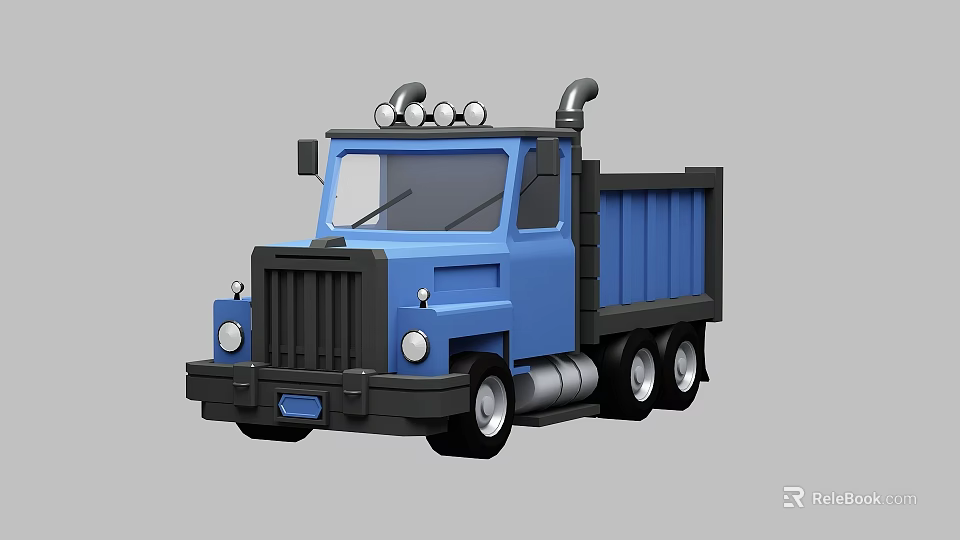 Blue Dump Truck with Cab Dump Bed Roof Lights and Exhaust Pipe 3d model 
