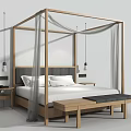 Modern Wooden Four Poster Double Bed With White Bedding Nightstand And Hanging Lamps