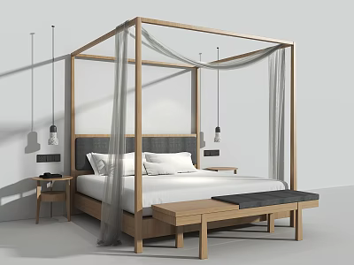 Modern Wooden Four Poster Double Bed With White Bedding Nightstand And Hanging Lamps 3d model