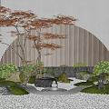 Japanese Garden Ornament Featuring Orange Maple Tree Arched Wooden Slats Pebbles Lantern Greenery and Rocks