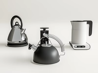 Modern Kitchen Appliances Featuring Electric Kettles In Black Silver And White Designs 3d model