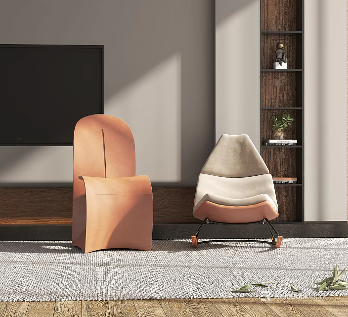 Stylish Brown and Beige Lounge Chairs in Modern Living Room with TV Bookshelf and Plants 3d model 
