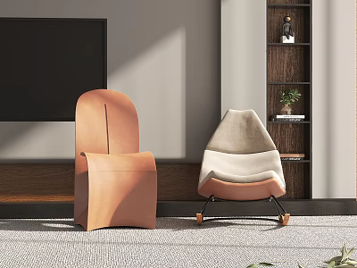 Stylish Brown and Beige Lounge Chairs in Modern Living Room with TV Bookshelf and Plants 3d model