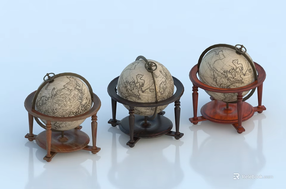 Vintage Style Decorative Ornament Set With Three Globes Different Colored Wooden Bases And Map Design 3d model 