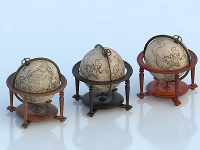 Vintage Style Decorative Ornament Set With Three Globes Different Colored Wooden Bases And Map Design 3d model