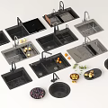 Various Styles of Black Kitchen Sinks with Faucets and Fresh Fruits Vegetables