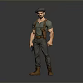 3D Male Character Model With Beard Cap Green Shirt Suspenders Gun And Cargo Pants