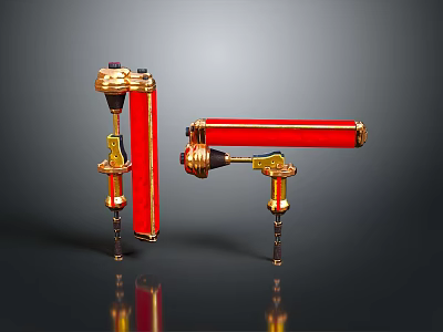 Red And Gold Cylindrical Mechanical Tools With Shiny Stands And Components 3d model