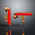 Red And Gold Cylindrical Mechanical Tools With Shiny Stands And Components