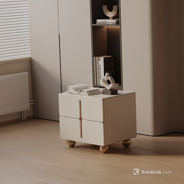 Modern White Nightstand with Drawers and Gold Wheels on Top with Books and Decor 3d model 
