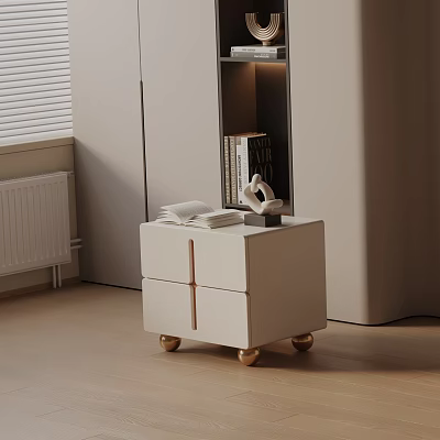 Modern White Nightstand with Drawers and Gold Wheels on Top with Books and Decor 3d model