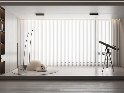 White Vertical Curtains in Modern Interior with Plush Toy Telescope on Tripod and Wooden Floor 3d model
