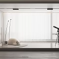 White Vertical Curtains in Modern Interior with Plush Toy Telescope on Tripod and Wooden Floor