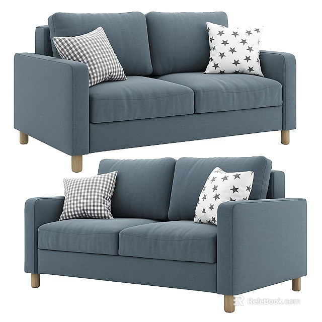 Blue Two Seater Sofa With Checkered And Star Patterned Pillows And Wooden Legs 3d model 