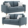Blue Two Seater Sofa With Checkered And Star Patterned Pillows And Wooden Legs
