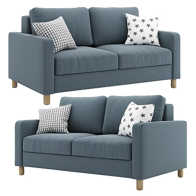 Blue Two Seater Sofa With Checkered And Star Patterned Pillows And Wooden Legs 3d model