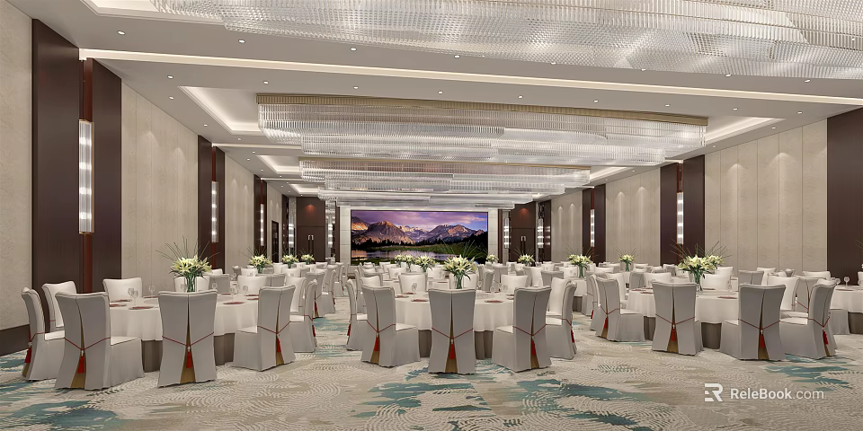Luxurious Banquet Hall with Round Tables White Tablecloths Crystal Chandeliers and Mountain Landscape Backdrop 3d model 