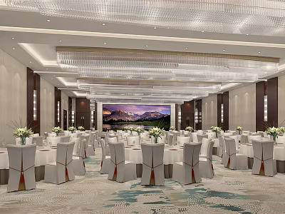 Luxurious Banquet Hall with Round Tables White Tablecloths Crystal Chandeliers and Mountain Landscape Backdrop 3d model