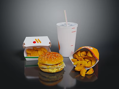 Delicious Chicken Burger With Crispy Fries And Cold Soda Drink 3d model
