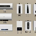 Various Types Of Water Heaters As Modern Kitchen Appliances With Digital Displays
