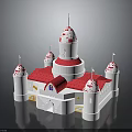 White Castle Building With Red Roof And Spire Towers Featuring Small Flags