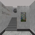 Staircase With Gray Walls And Concrete Steps Featuring Colorful Graffiti Painting And Circular Decoration