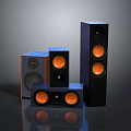 Modern Home Audio Speakers With Different Sizes And Orange Drivers Design