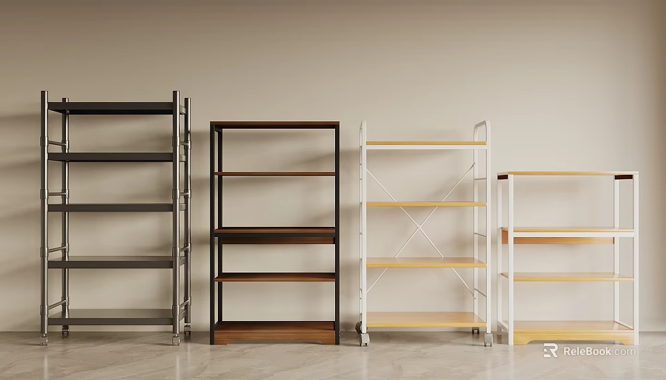 Modern Storage Shelving Units With Metal Frame And Wooden Shelves In Black White Brown Colors 3d model 
