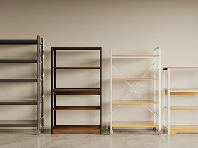 Modern Storage Shelving Units With Metal Frame And Wooden Shelves In Black White Brown Colors 3d model