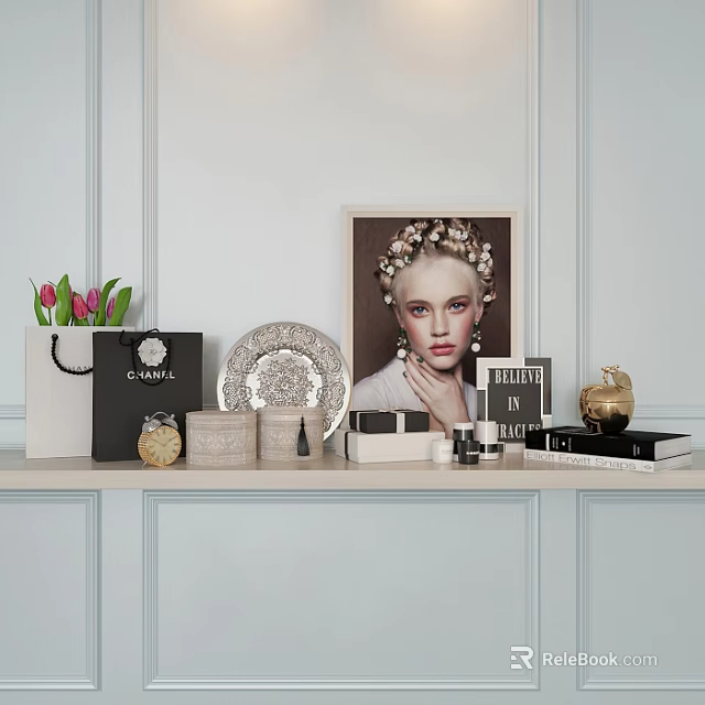 Elegant Decorative Ornament Set With Chanel Bag Framed Portrait Decorative Plate And Candles 3d model 