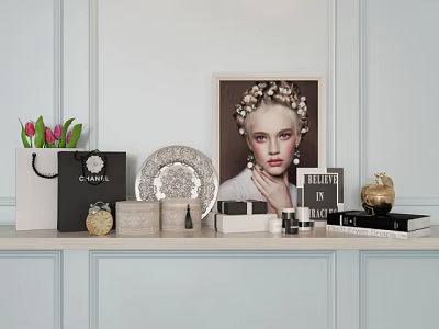 Elegant Decorative Ornament Set With Chanel Bag Framed Portrait Decorative Plate And Candles 3d model