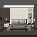Modern Bedroom Interior Design With Bed Nightstands Armchair Area Rug And Built In Wardrobe