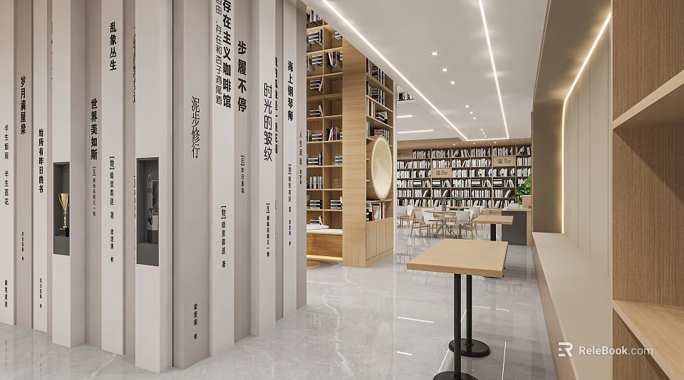 Modern Library Interior With Bookshelves And Reading Area 3d model 