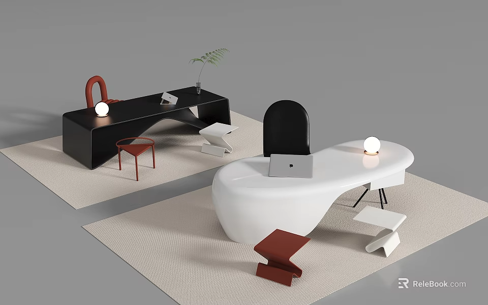 Black and White Office Desks with White Sphere Lamps Laptop Red Stools and Potted Plant 3d model 