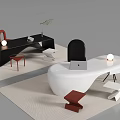 Black and White Office Desks with White Sphere Lamps Laptop Red Stools and Potted Plant
