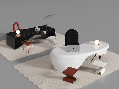 Black and White Office Desks with White Sphere Lamps Laptop Red Stools and Potted Plant 3d model