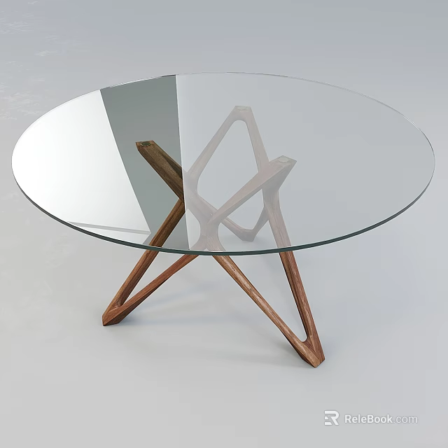 Modern Round Glass Top Dining Table With Unique Geometric Wooden Base Design 3d model 