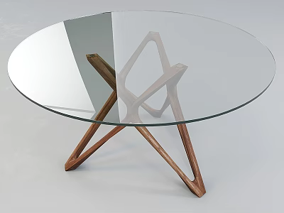 Modern Round Glass Top Dining Table With Unique Geometric Wooden Base Design 3d model