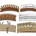 Various Wooden Bridge Designs With Arch And Flat Structures And Railings