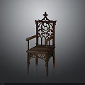 Antique Wooden Armchair With Intricate Carved Backrest Ornate Armrests And Decorative Spire Top