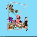 Floral Art Installation With White Cube Frame Pink Bear And Colorful Flowers For Woman Admiring