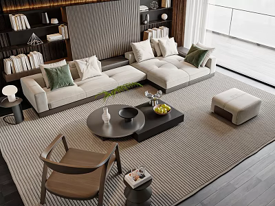 Modern Sofa and Coffee Table Set with Green Pillows Plants Cozy Rug and Wooden Chair 3d model