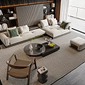 Modern Sofa and Coffee Table Set with Green Pillows Plants Cozy Rug and Wooden Chair