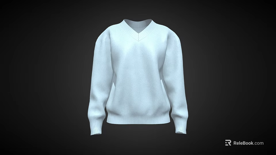 White V Neck Knitted Sweater With Long Sleeves And Loose Fit Style 3d model 