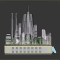 Cartoon City Model With Tall Transparent Buildings Green Circular Areas And Colorful Lights