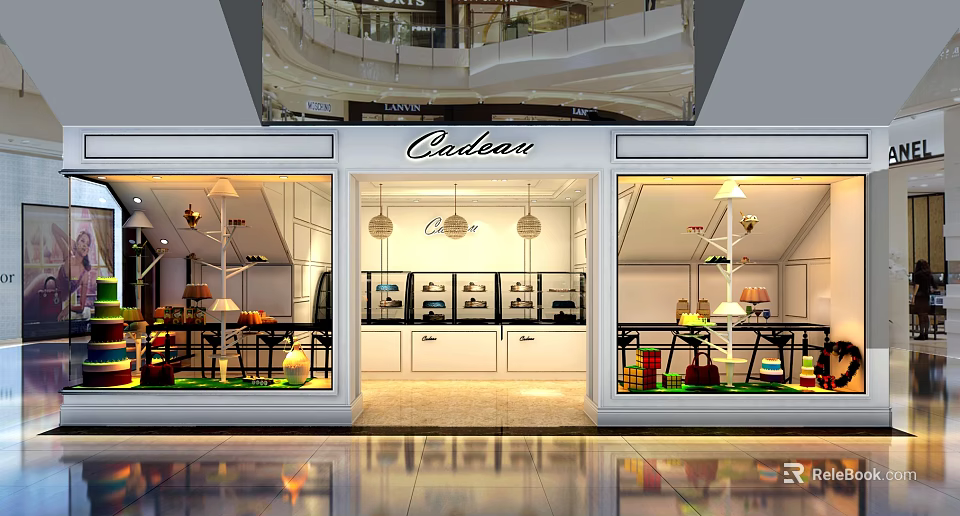 Cadenza Dessert Shop Modern Window Display With Interior Display Cases Warm Lighting And Sweet Treats 3d model 