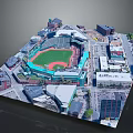 Aerial View of Baseball Stadium Green Turf Red Mound Surrounded by Urban Buildings and Streets