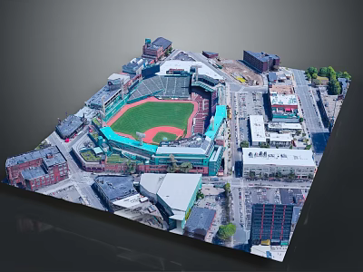 Aerial View of Baseball Stadium Green Turf Red Mound Surrounded by Urban Buildings and Streets 3d model